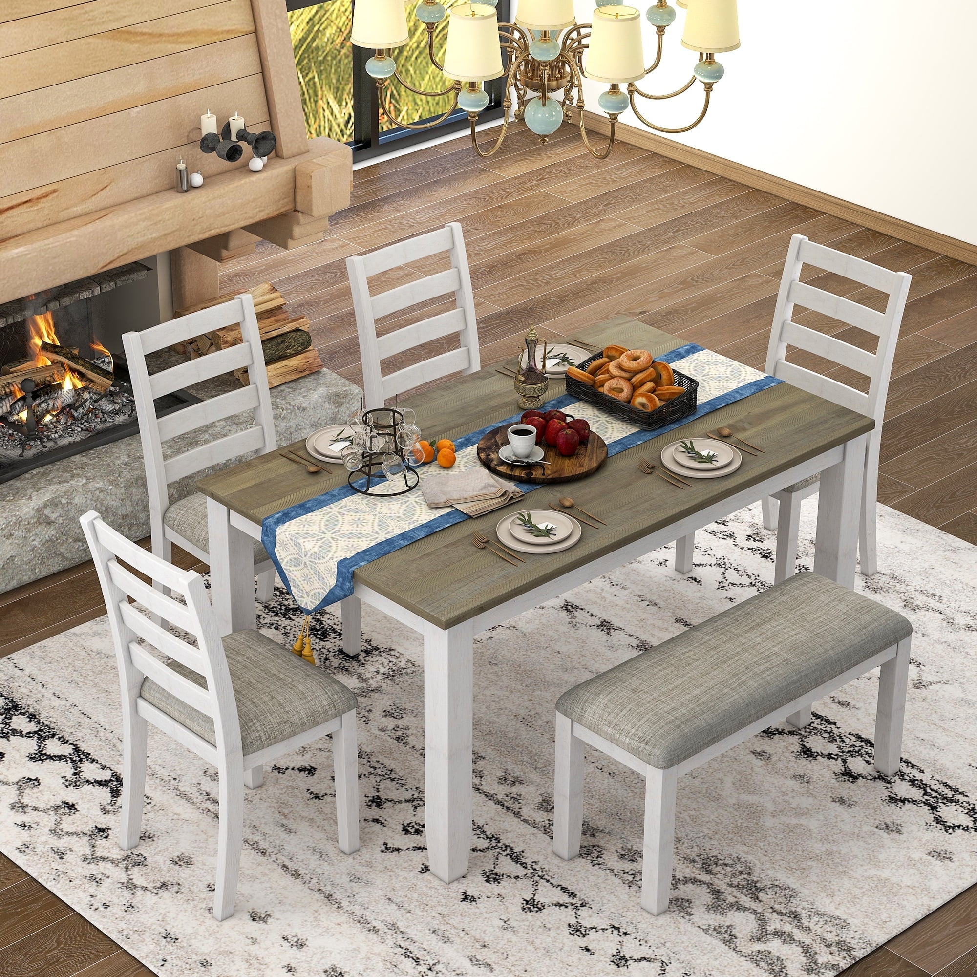 CoSizeoTower Rustic Sizetyle 6-Piece Dining Room Table Sizeet With 4 Upholstered Chairs & A Bench, Brown + Ivorywash