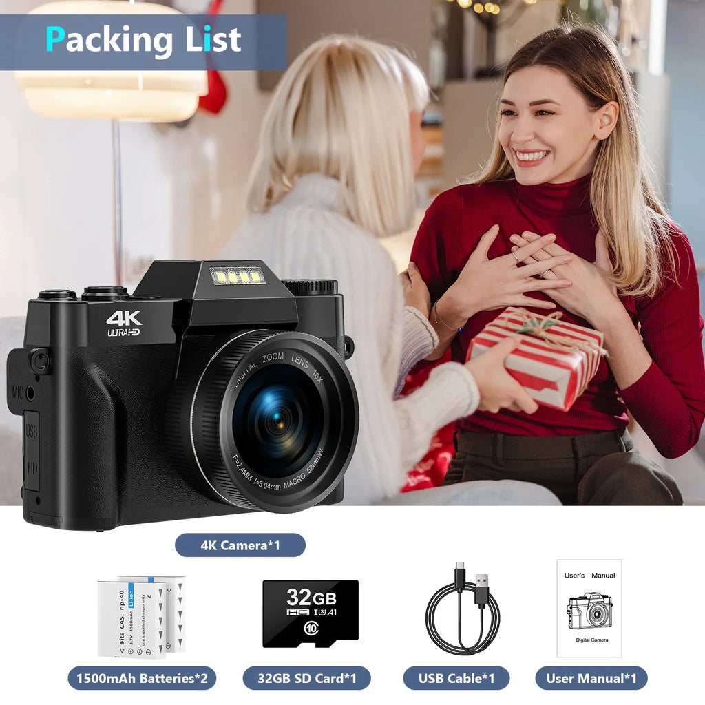 MARVUE Digital Video Camera for Youtube 4K Video Camera 48MP 30FPSize Vlogging Camera Camcorder with 32GB SizeD Card and 2 Batteries
