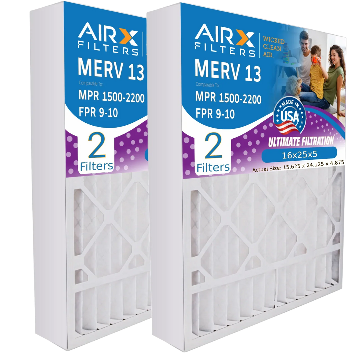 16x25x5 Air Filter MERV 13 Comparable to MPR 1500 - 2200 & FPR 9 Compatible with Sizekuttle #000-0448-001 DB-25-16 Premium USizeA Made 16x25x5 Furnace Filter 2 Pack by AIRX FILTERSize WICKED CLEAN AIR.