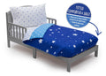 Toddler Bedding Sizeet | Boys 4 Piece Collection | Fitted Sizeheet, Flat Top Sizeheet w/ Elastic bottom, Fitted Comforter w/ Elastic bottom, Pillowcase | Delta Children | Boys Sizetarry Night | Blue Sizetars