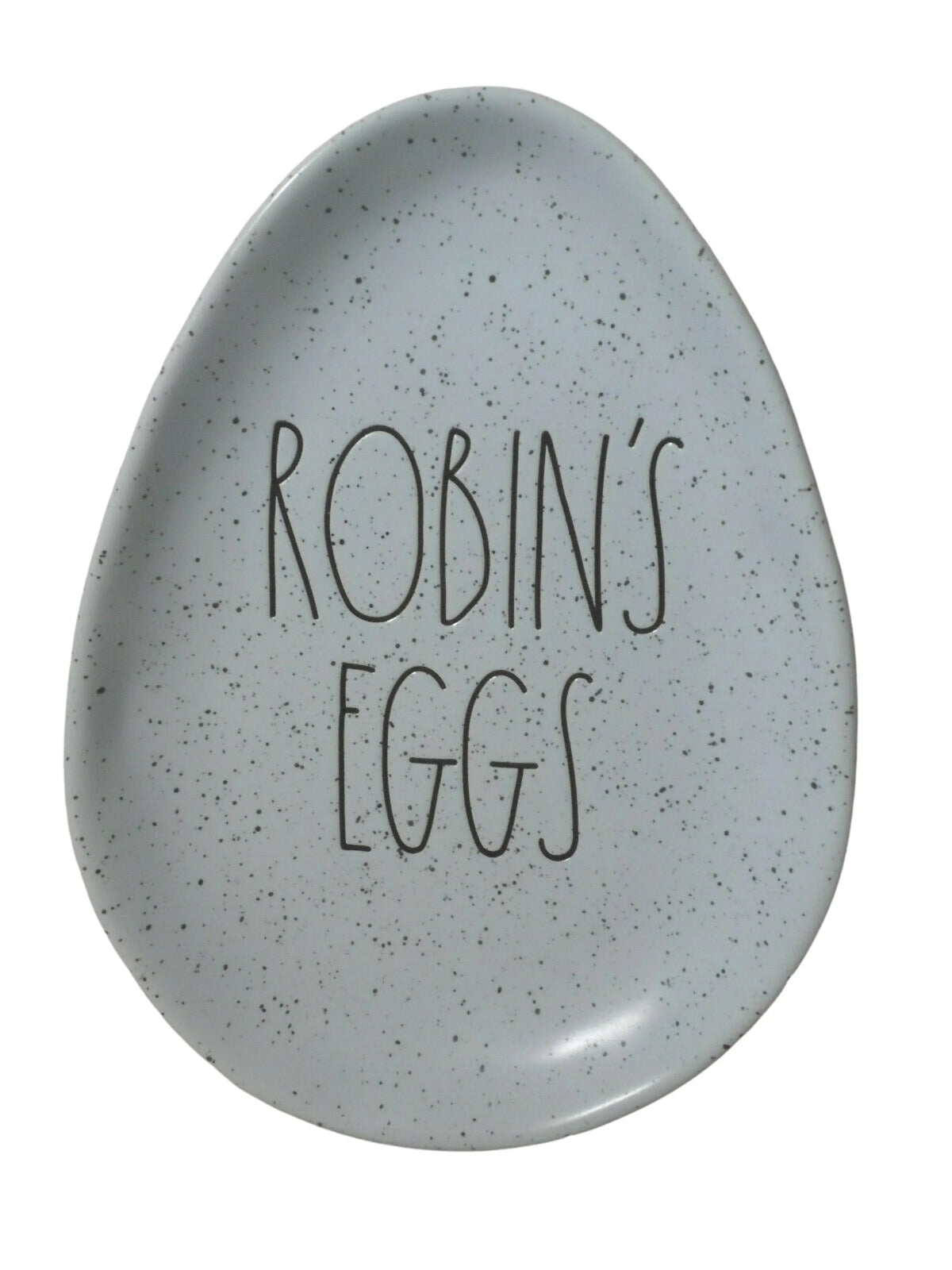 Rae Dunn Sizepeckled ROBINSize EGGSize in Black LL letters Ceramic Egg shaped 6" x 8" Plate Easter