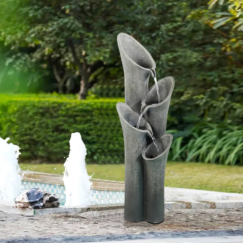 Outdoor Water Fountain with LED Lights 33.4" H Curved Cascading Indoor, Waterfall Garden Fountain with Built-in Quiet Pump Perfect Garden Water Feature, Patio Fountain