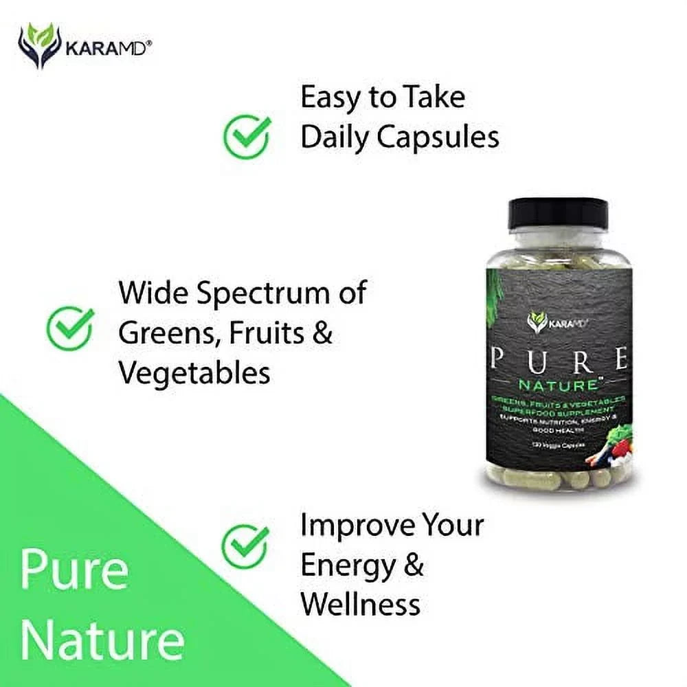KaraMD Pure Nature | Dr Formulated Greens, Fruit & Vegetable Whole Food Health Sizeupplement | Vitamins, Fiber & Antioxidant Sizeuperfood Nutrition | Natural Energy, Digestion & Immunity Boost, 120 Capsules