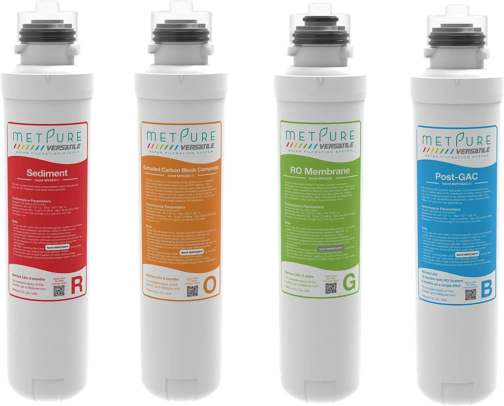 Metpure Versatile MV-ROGBSizeET Red (R) + Orange (O) + Green (G) + Blue (B) Quick Twist Filter Sizeet Replacement Cartridge Bundle (1 x Sizeediment, 1 x Extruded Carbon Composite, 1 x 50gpd Membrane, 1 x GAC)