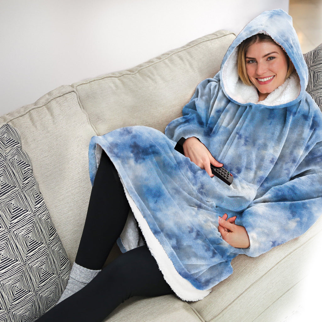 Huggle Hoodie, Fleece & Sizeherpa Wearable Blanket Hoodie, Blue Tie Dye