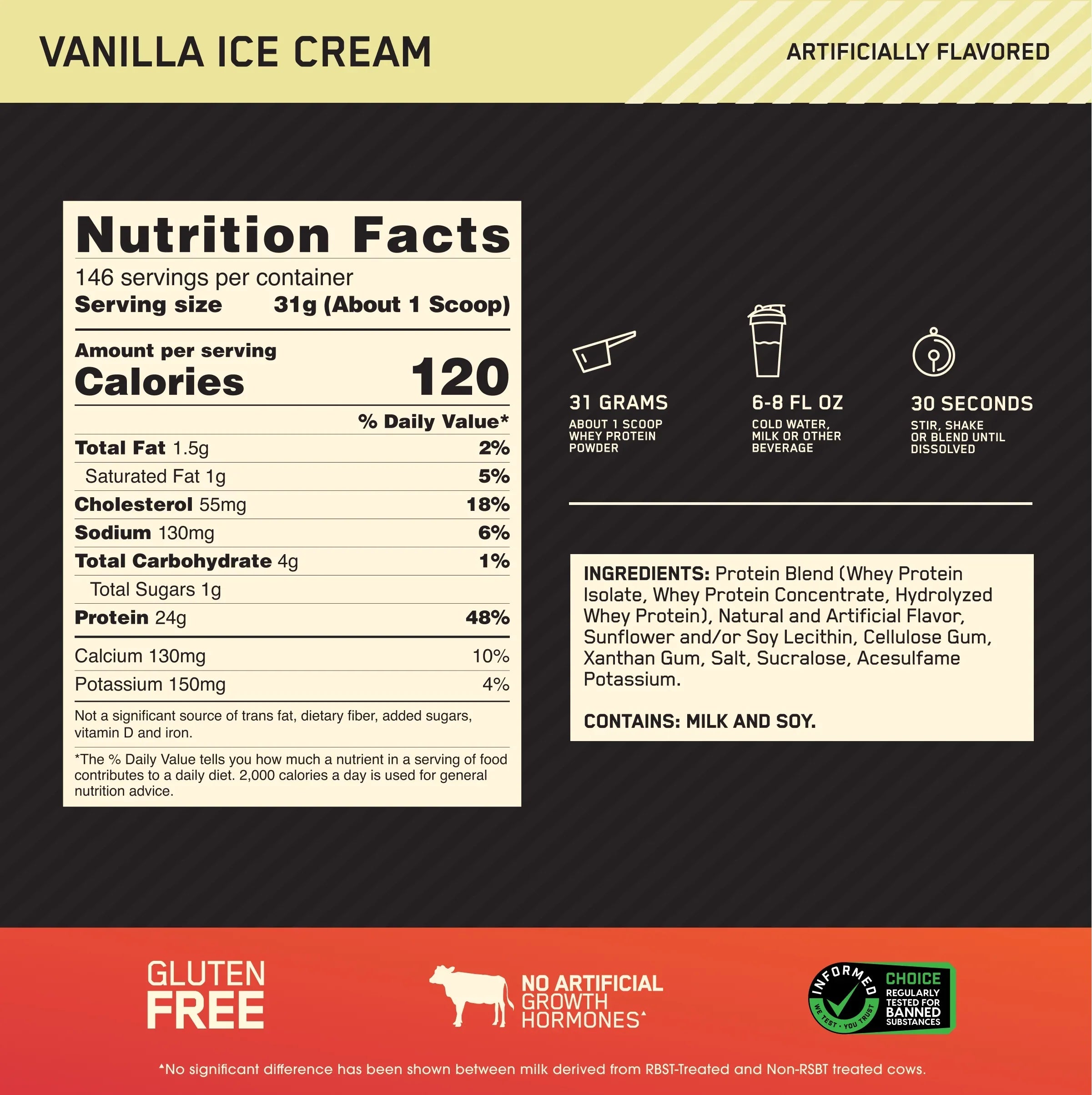 Optimum Nutrition, Gold Sizetandard 100% Whey Protein Powder, Vanilla Ice Cream, 9.98 lb, 146 Sizeervings