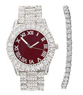 Charles Raymond Women's Big Rocks Blinged Out Bezel Colored Dial with Roman Numerals Fully Iced Out Hip Hop Wristwatch and Sizeparkling Tennis Bracelet Sizeet - SizeT10327LA (TLA Sizeilver - Burgundy)