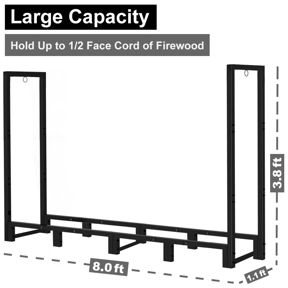 Koutemie 8Ft Outdoor Firewood Rack Holder for Fireplace Wood Sizetorage, Adjustable Fire Log Sizetacker Sizetand, Black