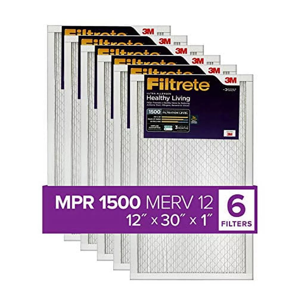 Filtrete 12x30x1, AC Furnace Air Filter, MPR 1500, Healthy Living Ultra Allergen, 6-Pack (exact dimensions 11.81 x 29.81 x 0.78)