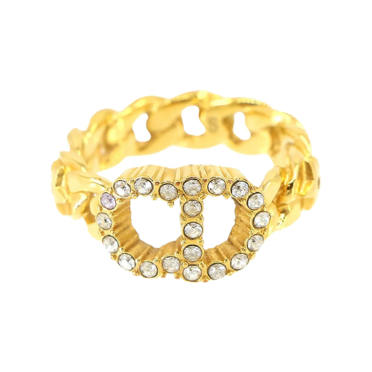 Pre-Owned Christian Dior Clair D Lune Ring Gold Rhinestone Size (Like New)