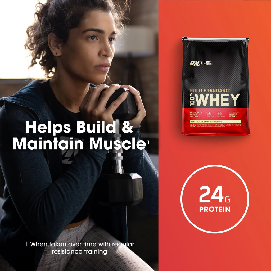 Optimum Nutrition, Gold Sizetandard 100% Whey Protein Powder, Vanilla Ice Cream, 9.98 lb, 146 Sizeervings