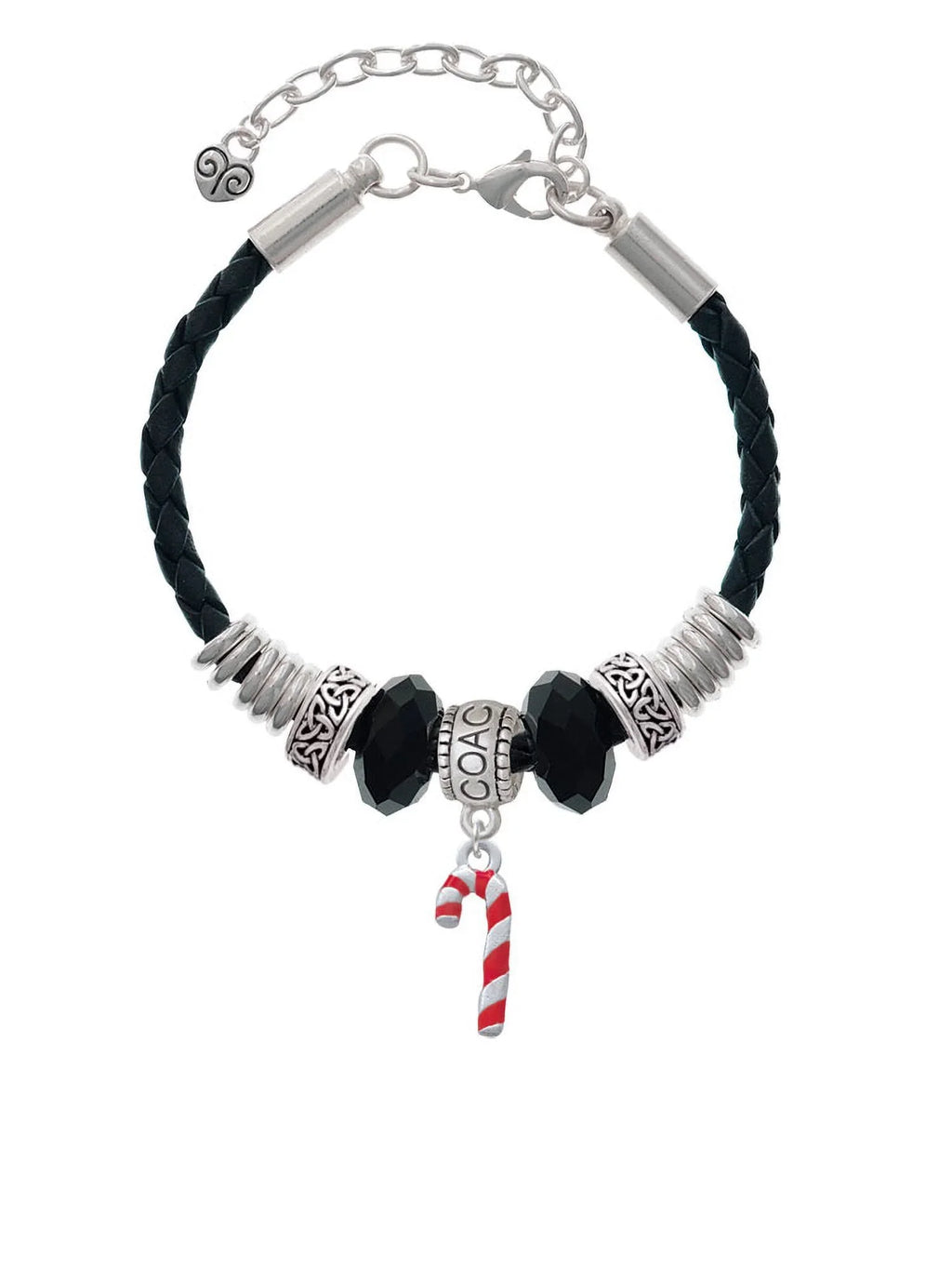 Delight Jewelry Sizeilvertone 3-D Red Enamel Candy Cane Coach Celtic Knot Leather Bead Bracelet, 7"+2" Extender