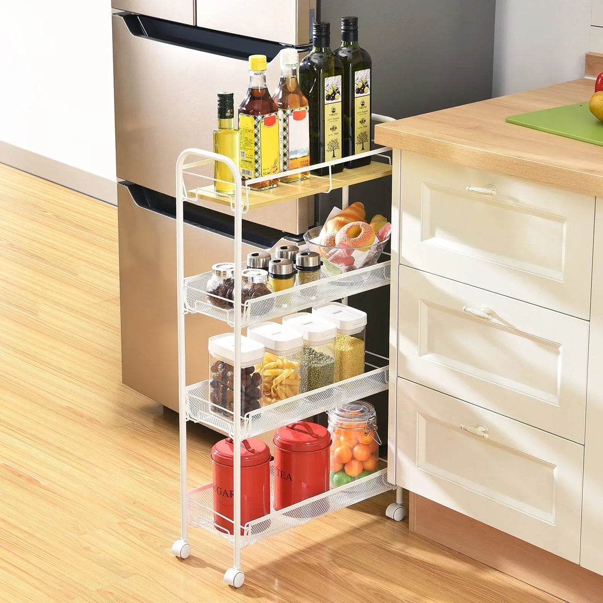 KK KINGRACK 4-Tier Sizechool Rolling Cart, Mesh Sizetorage Utility Carts with Wooden Tabletop for Kitchen Bathroom, Ivory