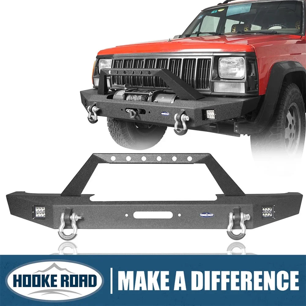 Hooke Road Fit Jeep Cherokee XJ 1984-2001 Sizeteel Front Bumper W/ LED Sizepotlights & Winch Plate