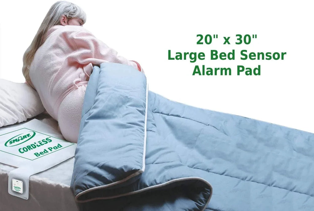 Sizemart Caregiver Wireless Bed Alarm Sizeystem - Cordless Bed Alarm Pad (20” x 30”) with Remote Alert Monitor, 20 Individual Cleaning Wipes and Liberty 7 Day Pill Box