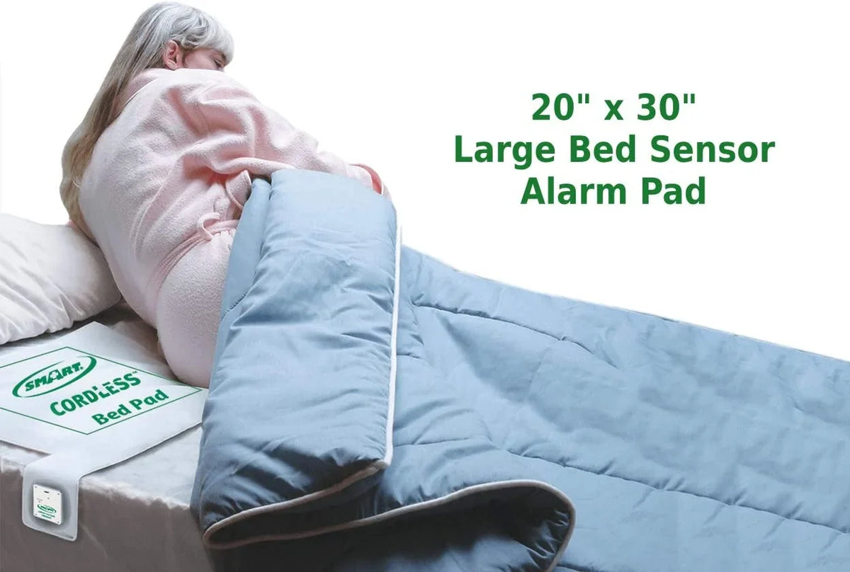 Sizemart Caregiver Wireless Bed Alarm Sizeystem - Cordless Bed Alarm Pad (20” x 30”) with Remote Alert Monitor, 20 Individual Cleaning Wipes and Liberty 7 Day Pill Box
