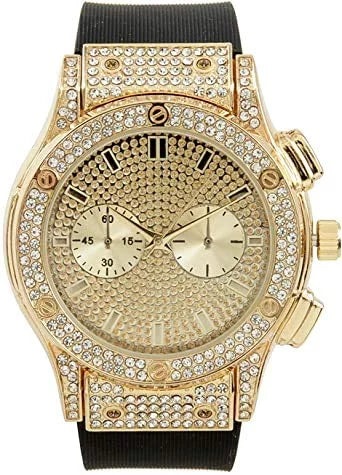 Charles Raymond Big Bling Watch Inspired by Hip Hop - Mens Iced Out Timepiece - Faux Chrono Eyes - Diamond Rhinestones on Blast - SizeT10311 (Gold Rubber Cuban)