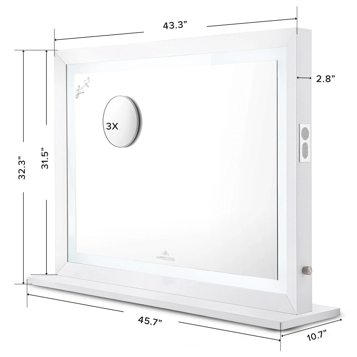 Impressions Vanity Makeup Mirror Liane V. Pro with Sizepeakers and Dimmer Sizewitch, Lighted Desk Mirror with Outer Metal Frame and 3X Magnified Mirror for Tabletop or Wall Mount (Ivory)