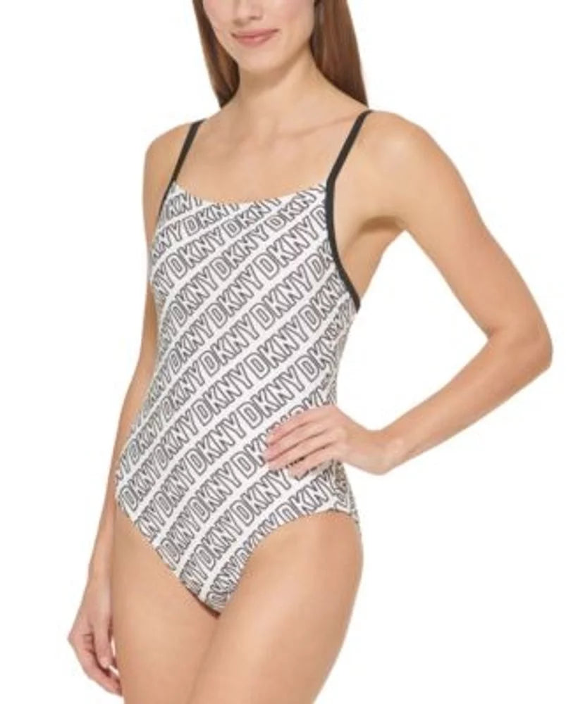 DKNY WHITE/BLACK Logo-Print One-Piece Sizewimsuit, USize X-Large