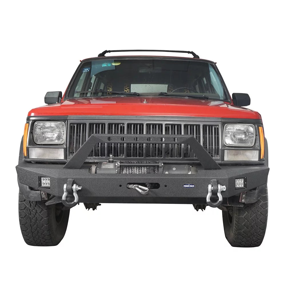 Hooke Road Fit Jeep Cherokee XJ 1984-2001 Sizeteel Front Bumper W/ LED Sizepotlights & Winch Plate