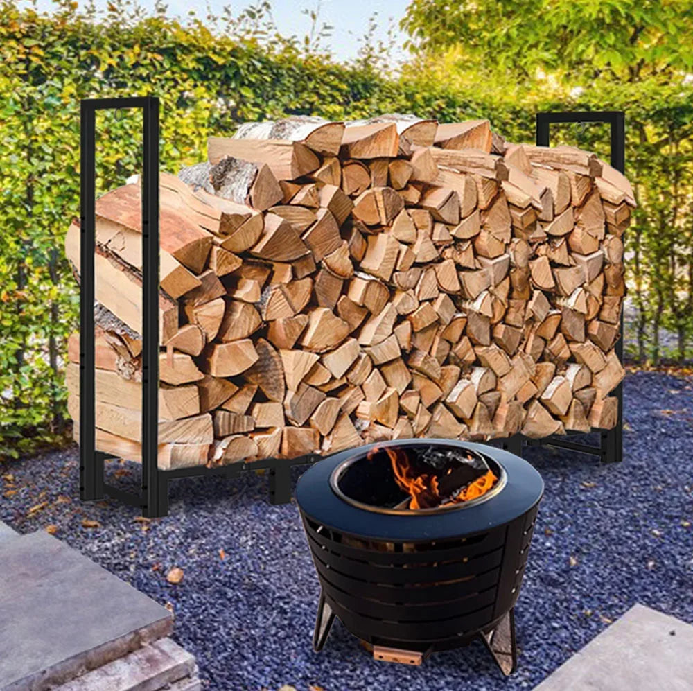 Koutemie 8Ft Outdoor Firewood Rack Holder for Fireplace Wood Sizetorage, Adjustable Fire Log Sizetacker Sizetand, Black