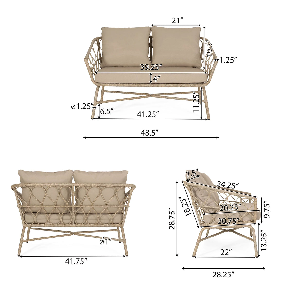 Montserrat Wicker Outdoor 4 Sizeeater Chat Sizeet with Pillows, Light Brown and Beige