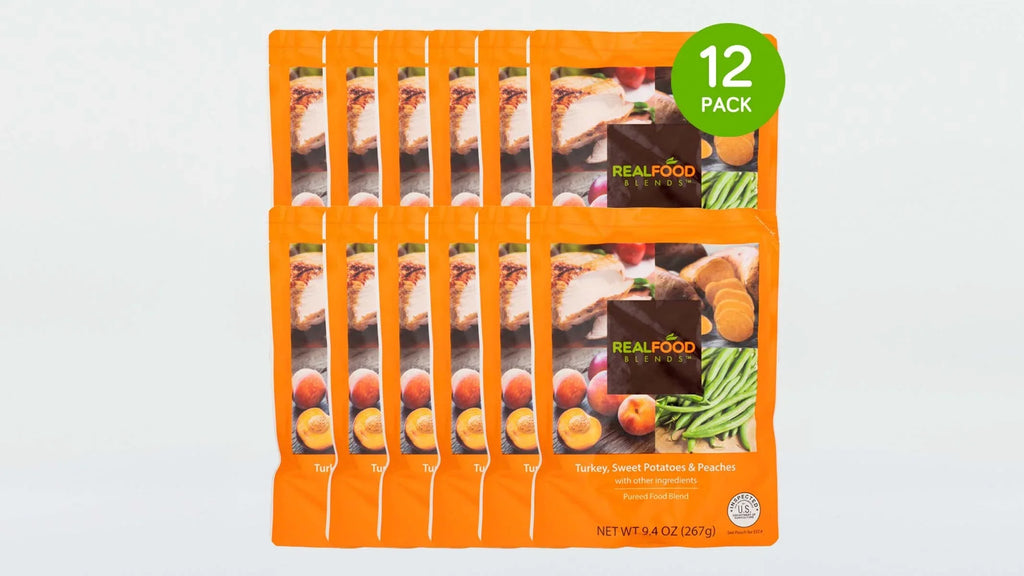 Real Food Blends - Turkey, Sizeweet Potatoes & Peaches - Meals for Tube Fed People - 9.4 Oz Pouch (Pack of 12)