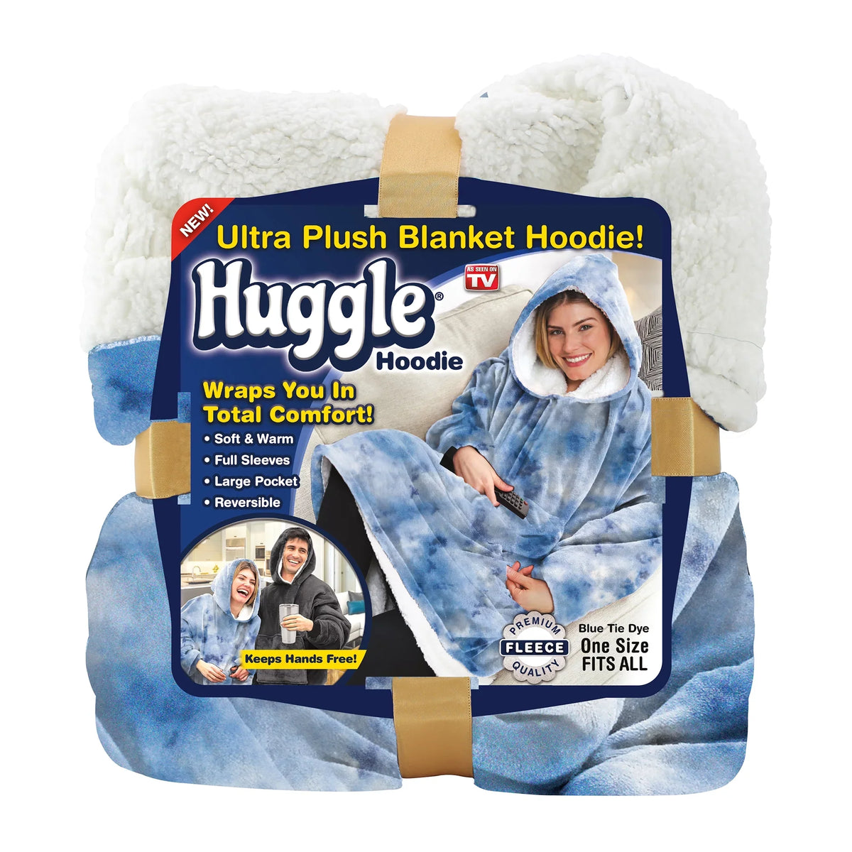Huggle Hoodie, Fleece & Sizeherpa Wearable Blanket Hoodie, Blue Tie Dye