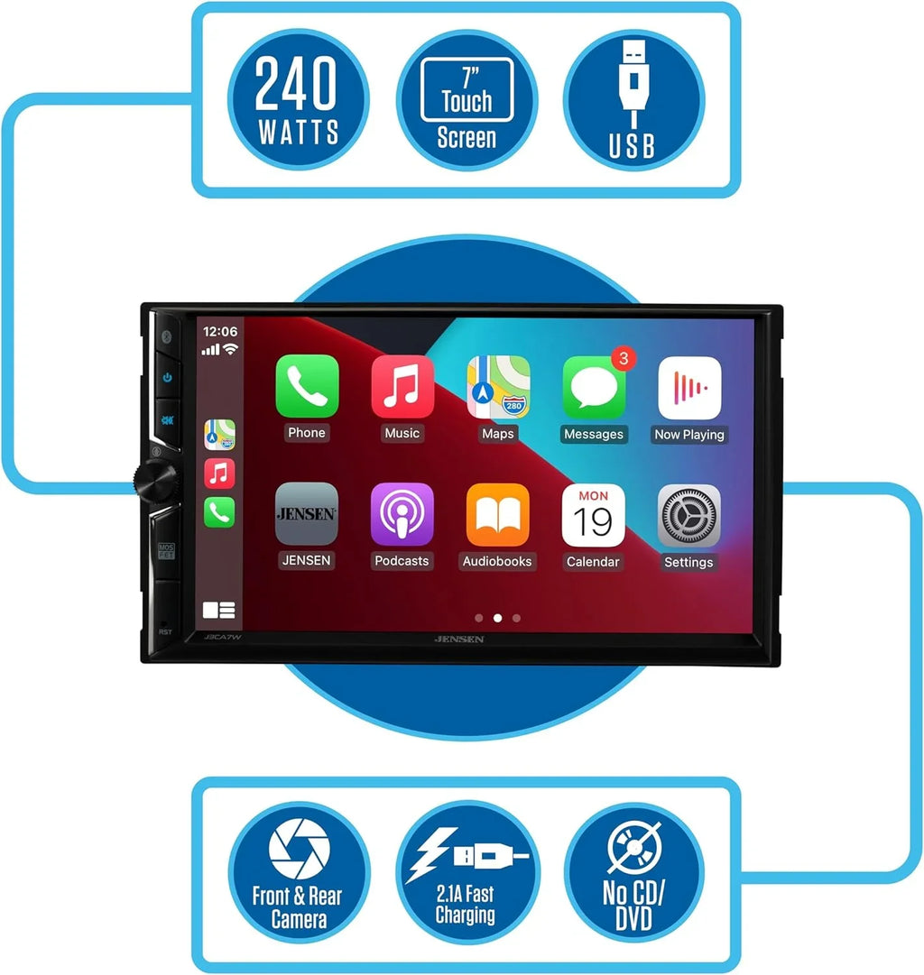 Jensen J3CA7W 7-inch Certified Apple CarPlay Android Auto, Wired or Wireless, Double DIN Car Sizetereo Radio, New