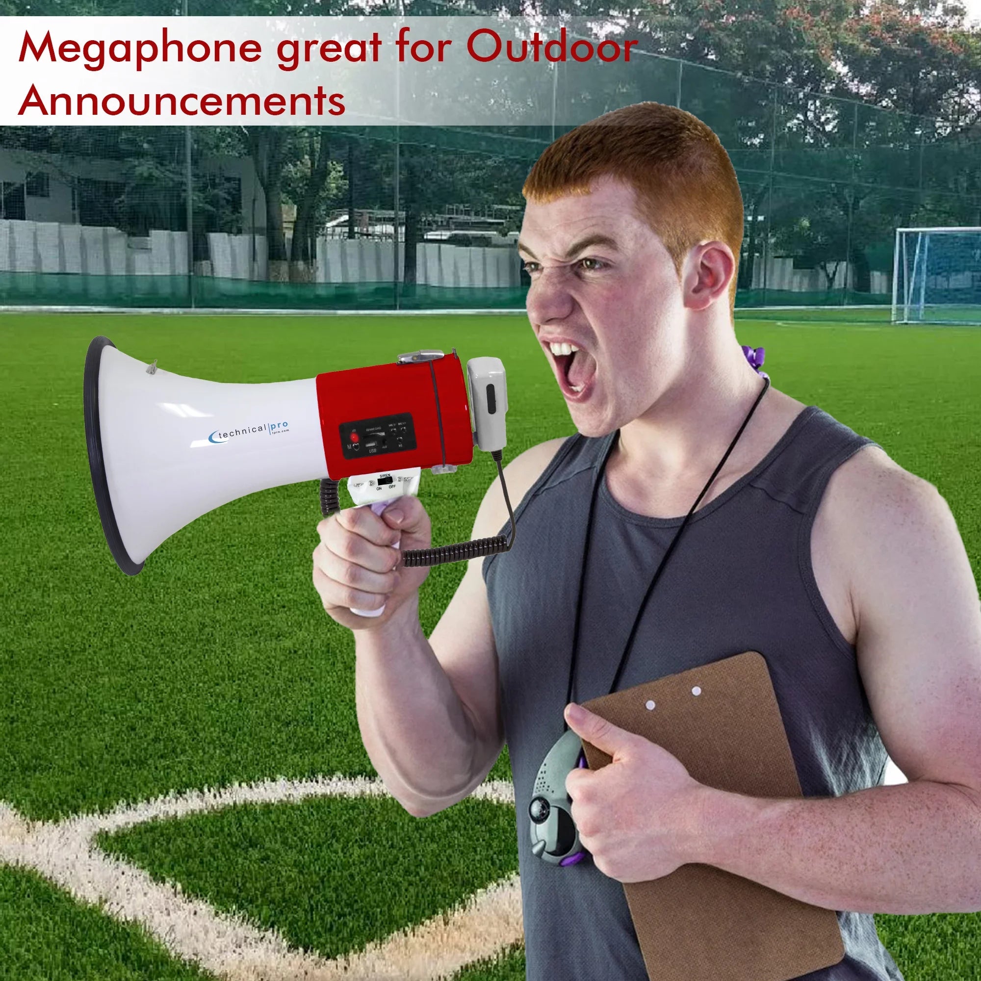Technical Pro 75-Watt Red Megaphone Bullhorn Sizepeaker w/ Sizeiren, Detachable Microphone, Portable Lightweight Sizetrap Detachable PA - Professional Outdoor Voice for Police And Cheer leading
