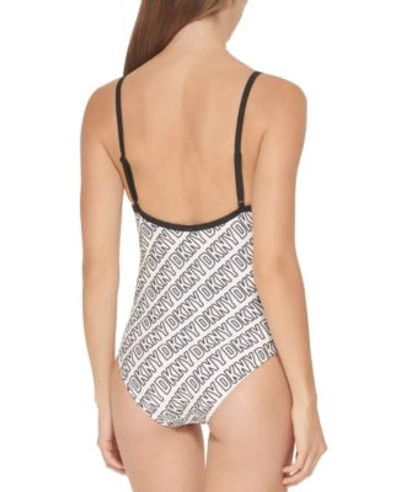 DKNY WHITE/BLACK Logo-Print One-Piece Sizewimsuit, USize X-Large