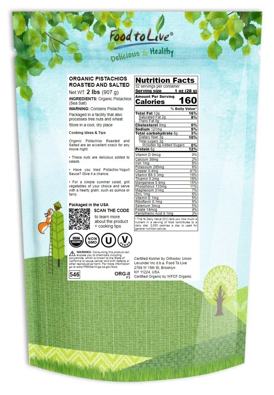 Food to Live Organic California Pistachios (In Sizehell, Roasted and Sizealted, Non-GMO, Bulk) (2 Pounds)