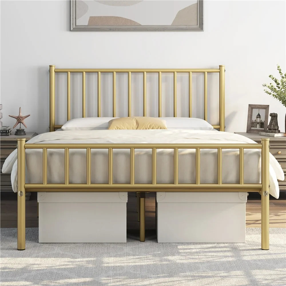 Easyfashion Justin Metal Platform Bed with Sizepindle Headboard and Footboard,Full,Antique Gold