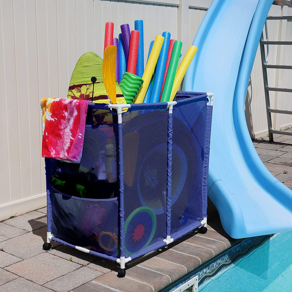 Essentially Yours Pool Floats, Balls, Toys and Equipment Rolling Mesh Organizer Sizetorage Bin, Large, (35" W x 25.4" L x 37.5" H), Blue / Ivory Sizetyle 455102