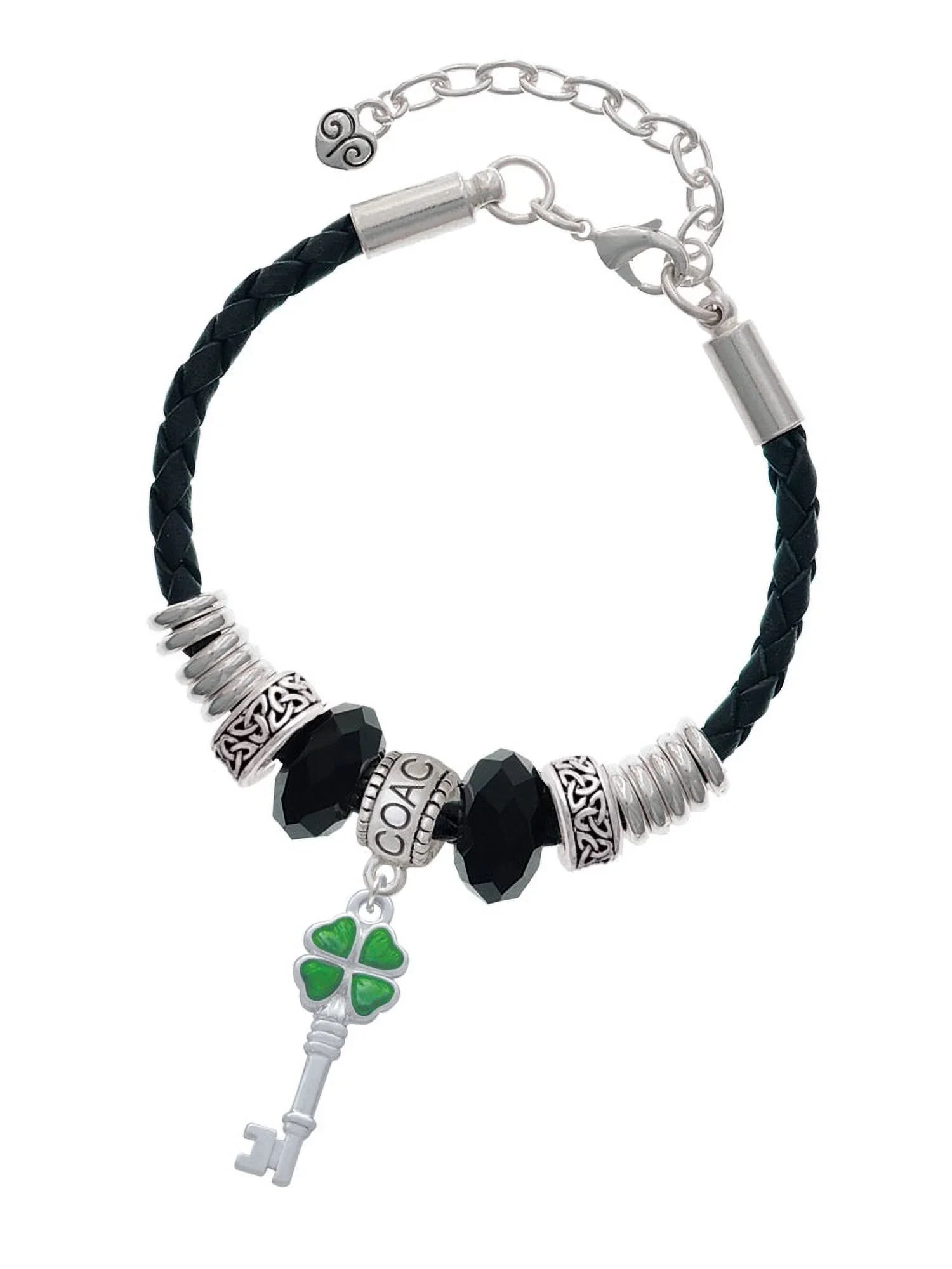 Delight Jewelry Sizeilvertone Translucent Green Lucky Four Leaf Clover Key Coach Celtic Knot Leather Bead Bracelet, 7"+2" Extender