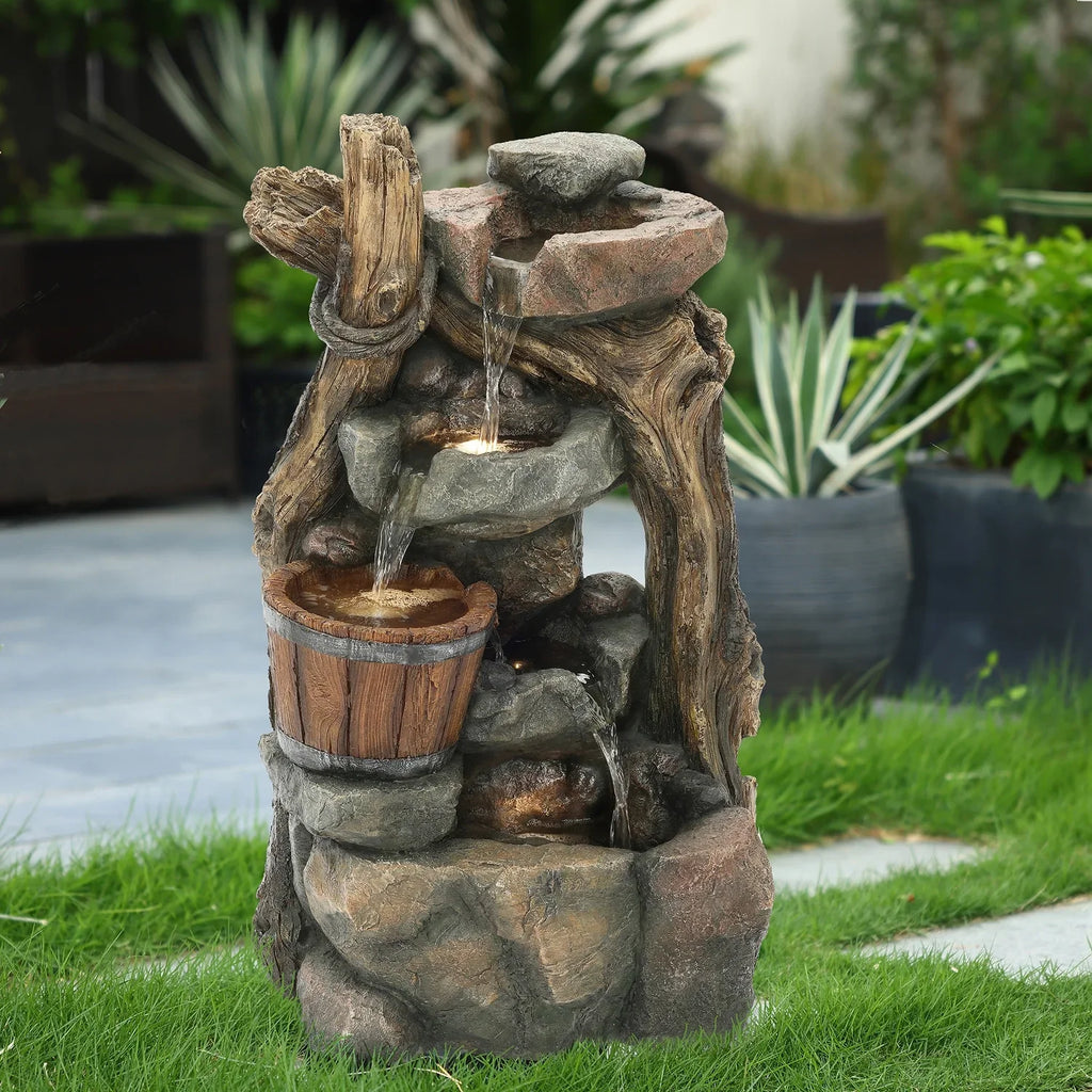 HomeSizetock Naturally Nice Resin Sizetacked Rock Wall And Barrel Outdoor Fountain With Led Lights