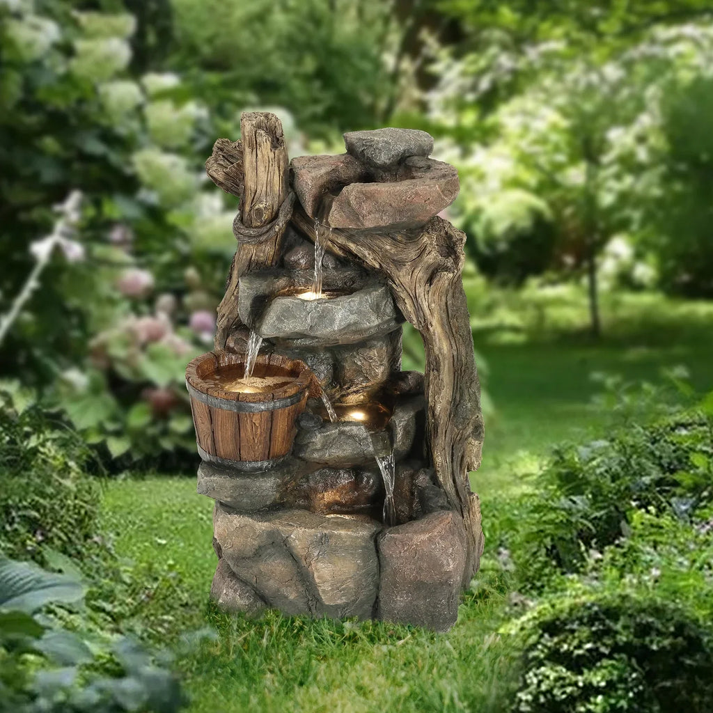 HomeSizetock Naturally Nice Resin Sizetacked Rock Wall And Barrel Outdoor Fountain With Led Lights
