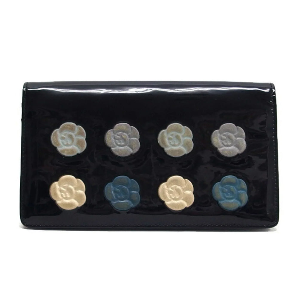 Pre-Owned Chanel camellia makeup palette bi-fold long wallet blue (Fair)