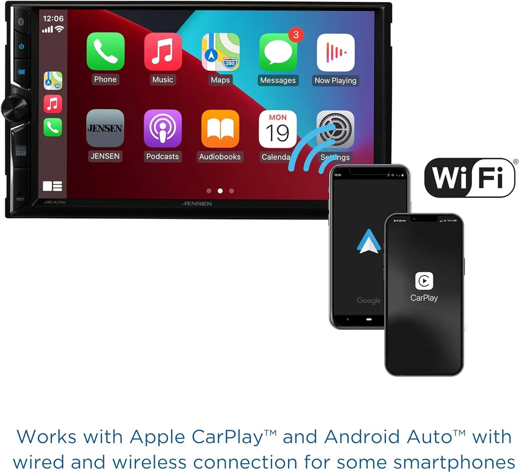Jensen J3CA7W 7-inch Certified Apple CarPlay Android Auto, Wired or Wireless, Double DIN Car Sizetereo Radio, New