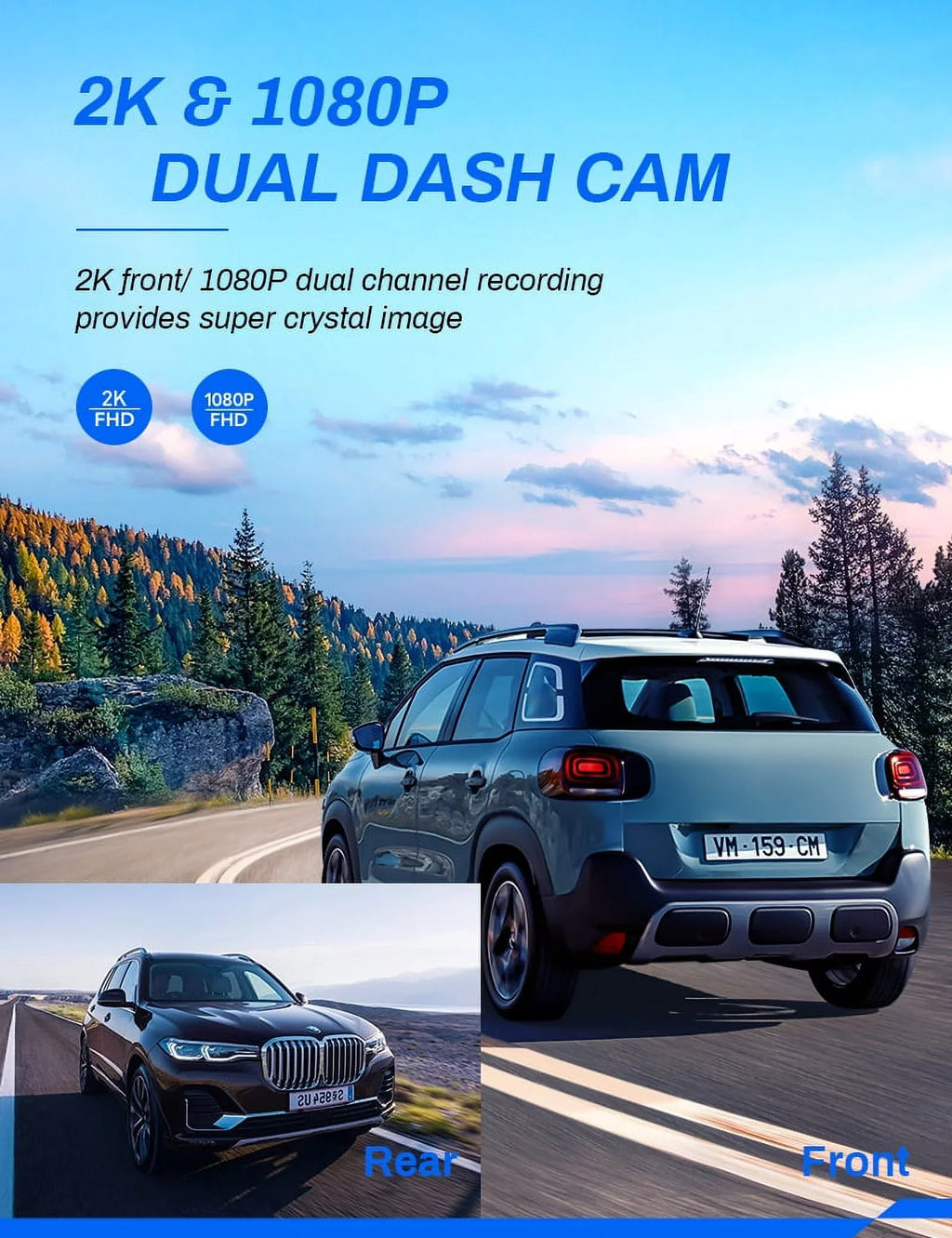 Dash Cam Front and Rear, Crosstour Dash Camera for Cars 2.5K GPSize, 3 inch IPSize Sizecreen Magnetic Dashboard Recorder 170° Backup Camera