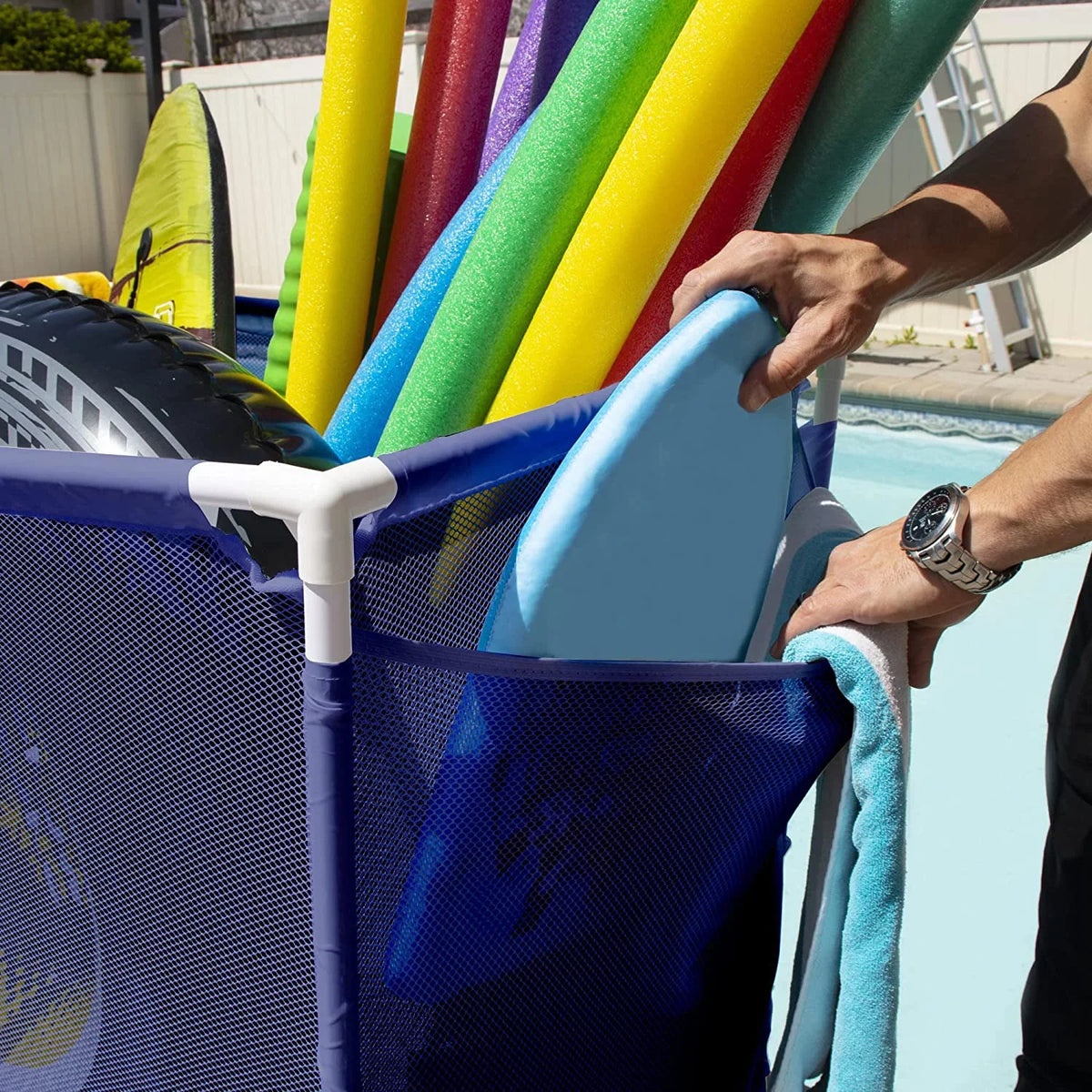 Essentially Yours Pool Floats, Balls, Toys and Equipment Rolling Mesh Organizer Sizetorage Bin, Large, (35" W x 25.4" L x 37.5" H), Blue / Ivory Sizetyle 455102