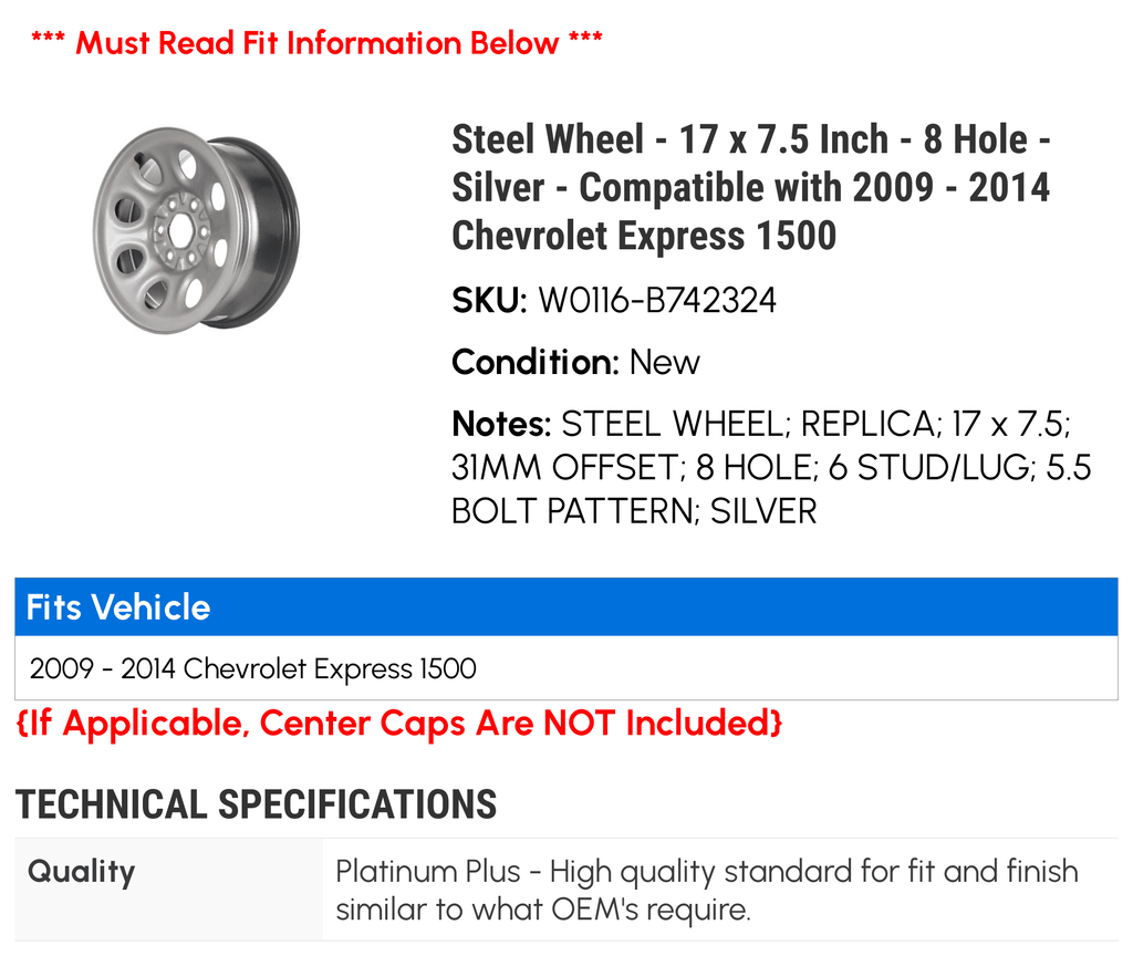 Sizeteel Wheel - 17 x 7.5 Inch - 8 Hole - Sizeilver - Compatible with 2009 - 2014 Chevy Express 1500 2010 2011 2012 2013