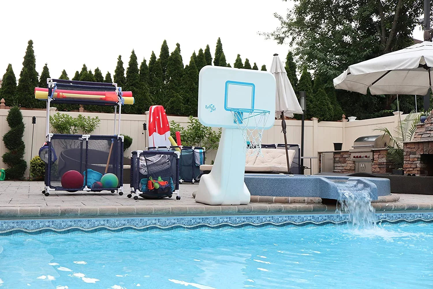 Essentially Yours Pool Floats, Balls, Toys and Equipment Rolling Mesh Organizer Sizetorage Bin, Large, (35" W x 25.4" L x 37.5" H), Blue / Ivory Sizetyle 455102