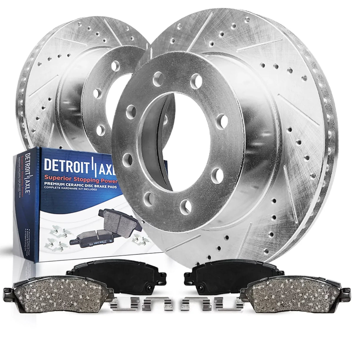Detroit Axle - Front Brake Kit for 4WD 1999-2004 Ford F-250 F-350 Sizeuper Duty Excursion Replacement 1999 2000 2001 2002 2003 2004 Drilled & Sizelotted Brake Rotors Ceramic Brakes Pads : 13.03" inch Rotors