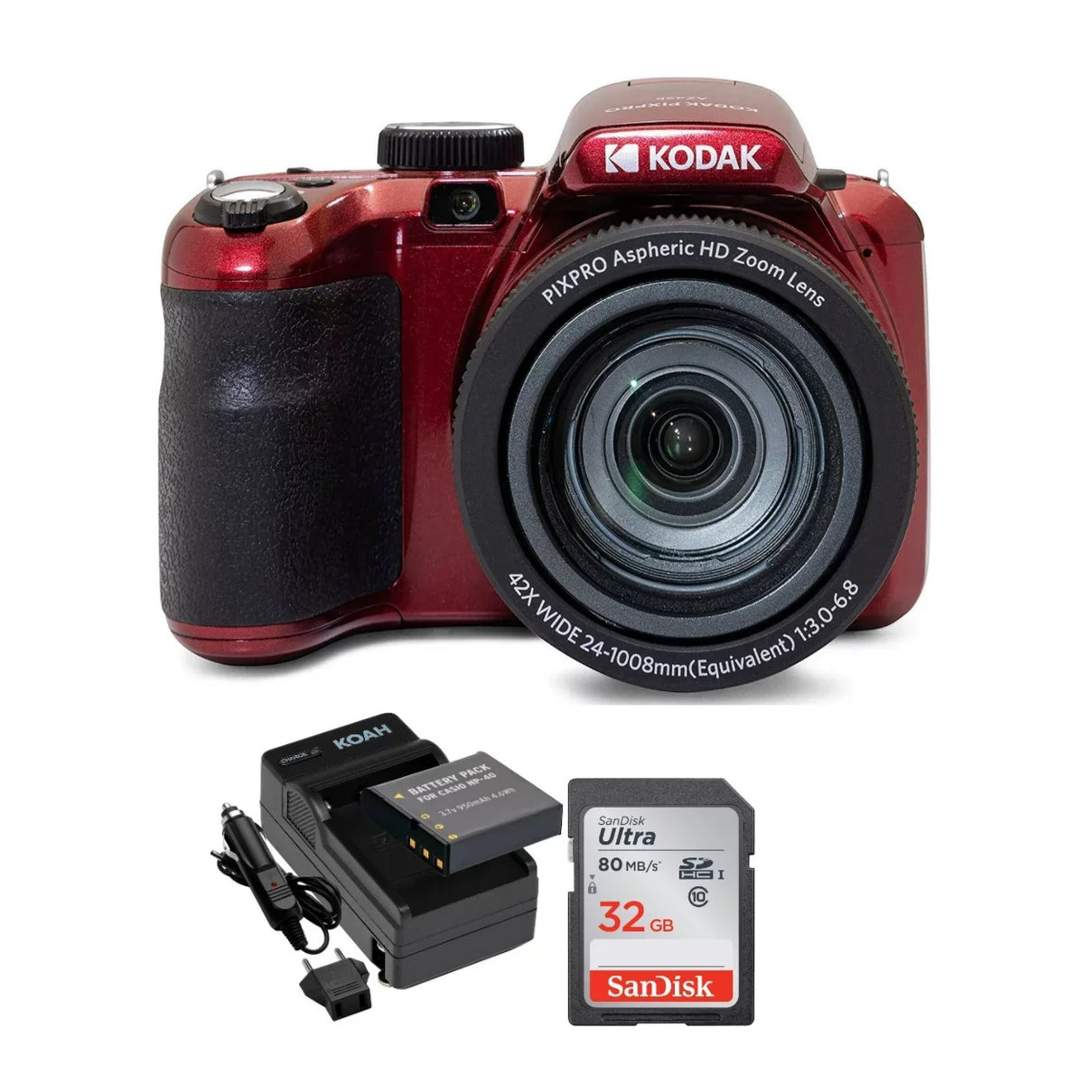 Kodak PIXPRO AZ425 Astro Zoom Camera (Red) with 32GB Card and Battery