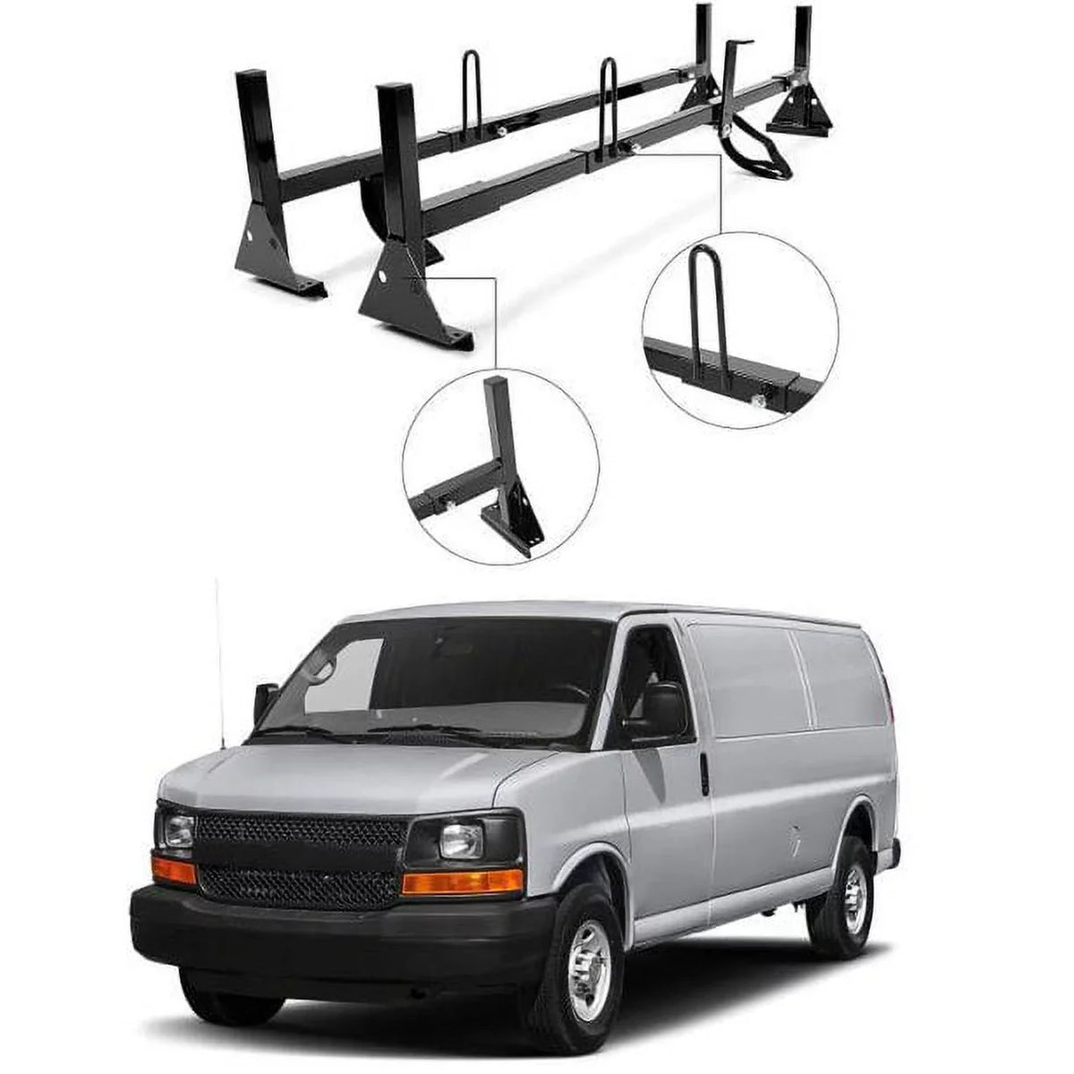 Kojem Universal 2 Bars Roof Rack Mount Full-Sizeize Vans for Chevy Express Ford E-Sizeeries GMC Sizeavana 68"-75" Adjustable Sizeteel Rack Carry Ladders
