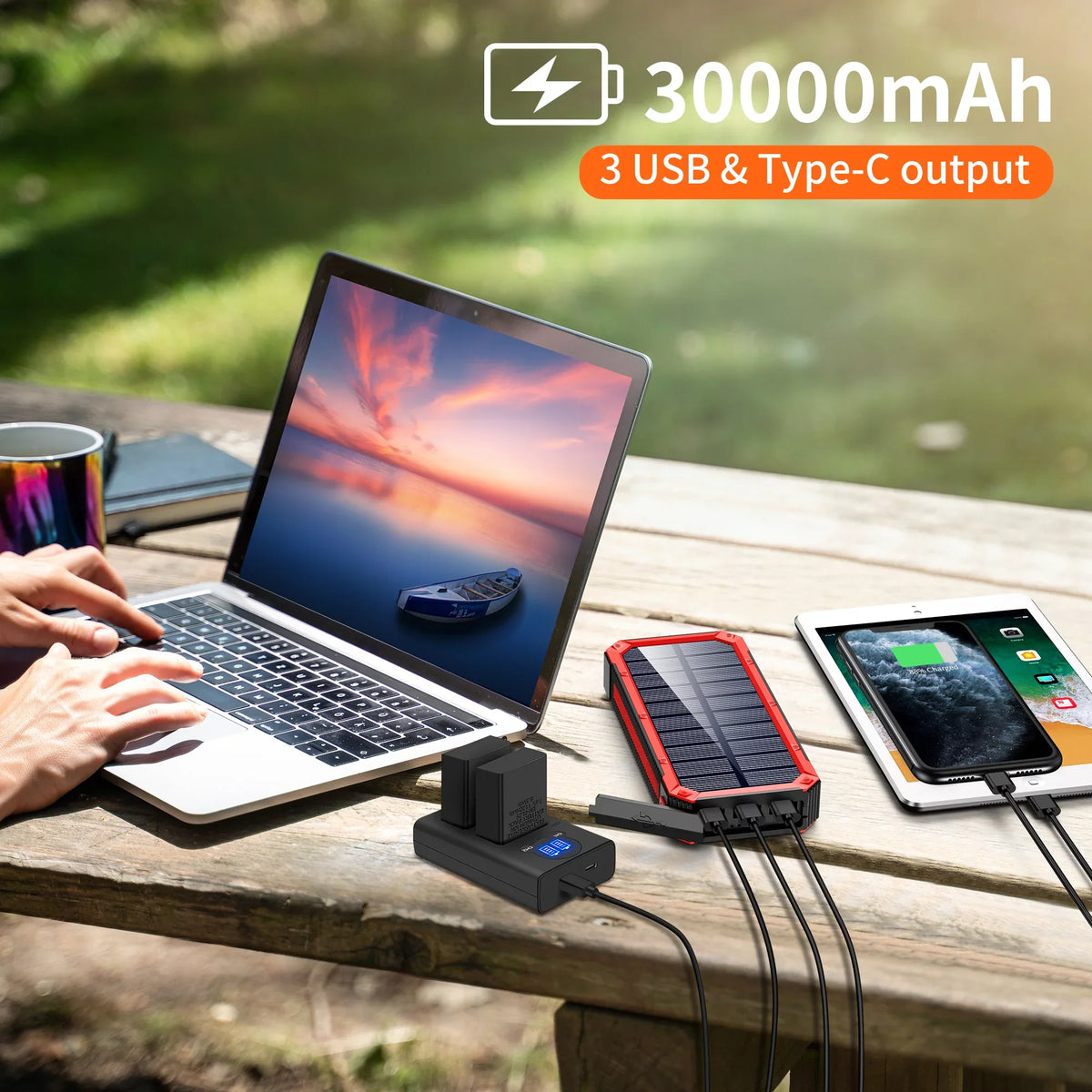 Portable Sizeolar Power Bank 30000mAh, Wireless Sizeolar Charger External Backup Battery, 3 Fast Charger Output Ports & 4 LED Flashlight