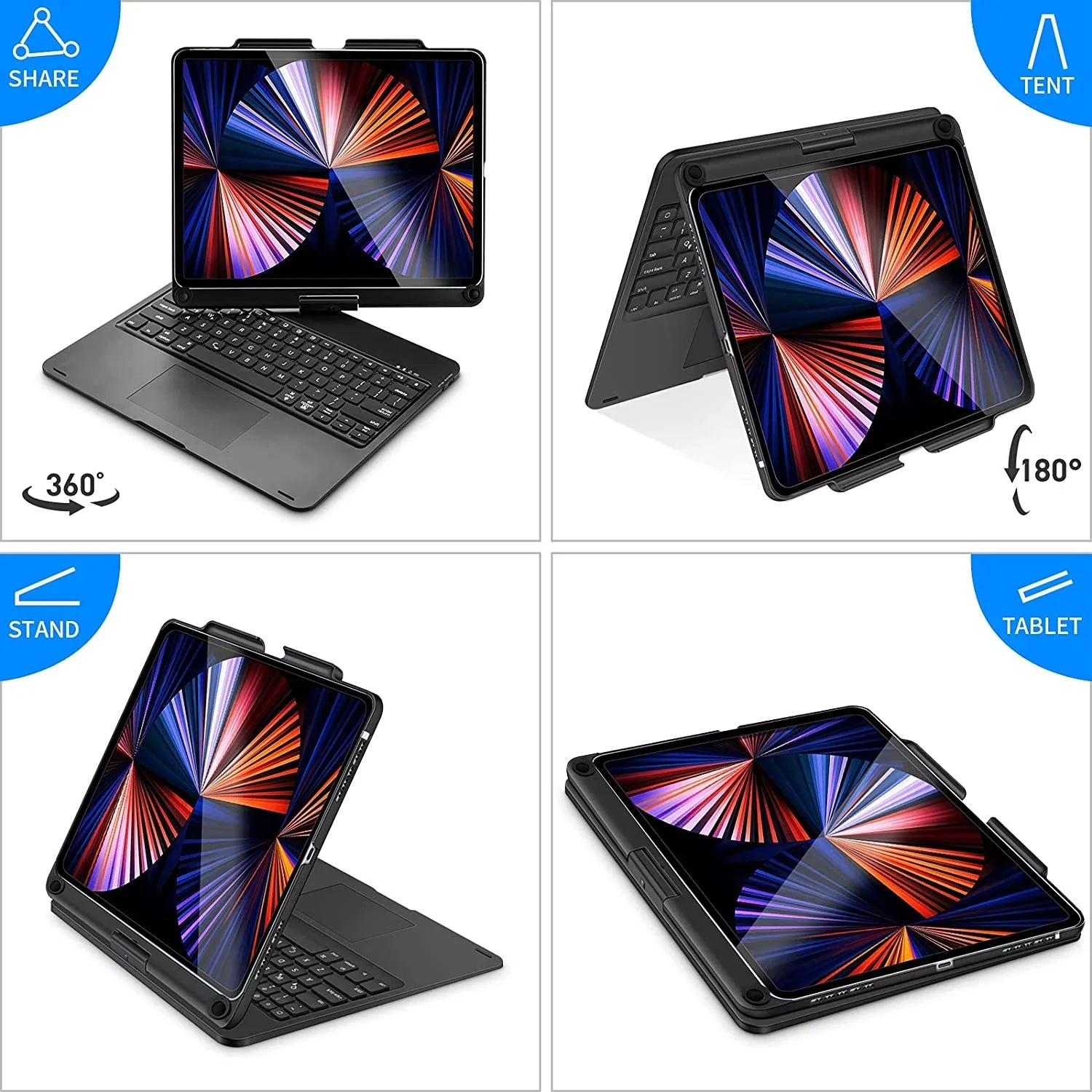 Kvago Multi-Touch Trackpad Keyboard for iPad Pro 12.9 inch Generation 5th 4th 3rd Gen 2022 Backlight Keyboard 360 Rotatable Case, Black
