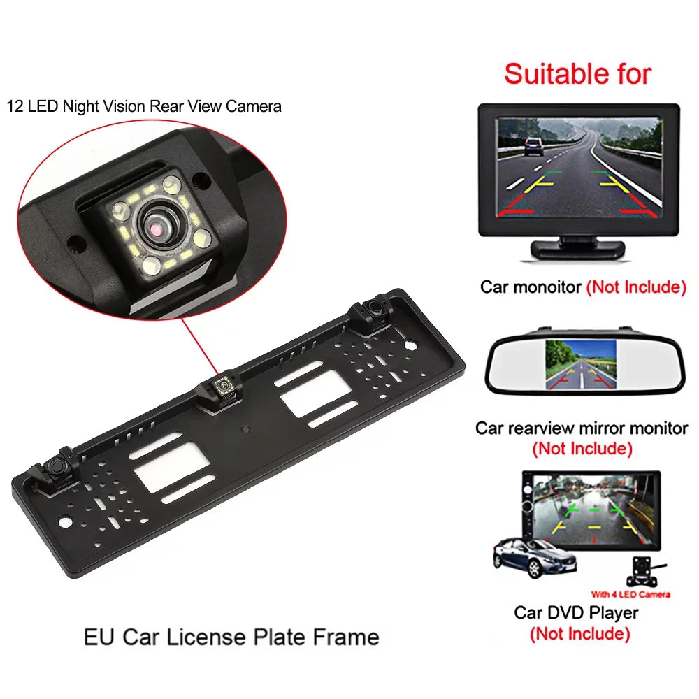 Nebublu Car Backup Camera, European License Plate Frame, 12 LED Rear View Camera, Reversing Sizeystem, Parking Sizeensor