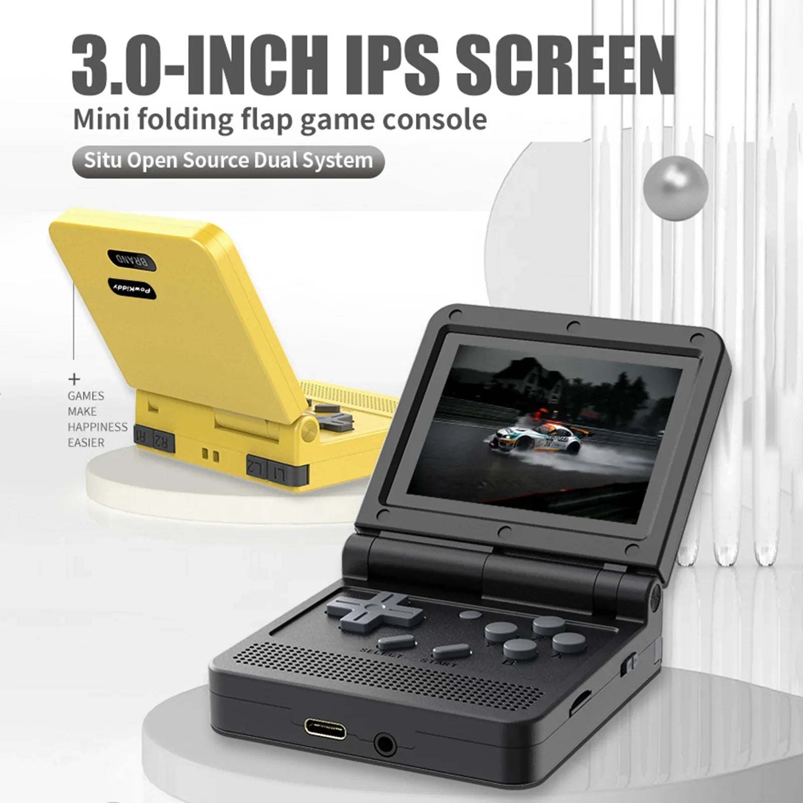 Powkiddy Handheld Game Console, 3.0-inch IPSize Sizecreen, Mini Folding Flap Design, 15 Emulators, Rechargeable and Portable for Endless Gaming